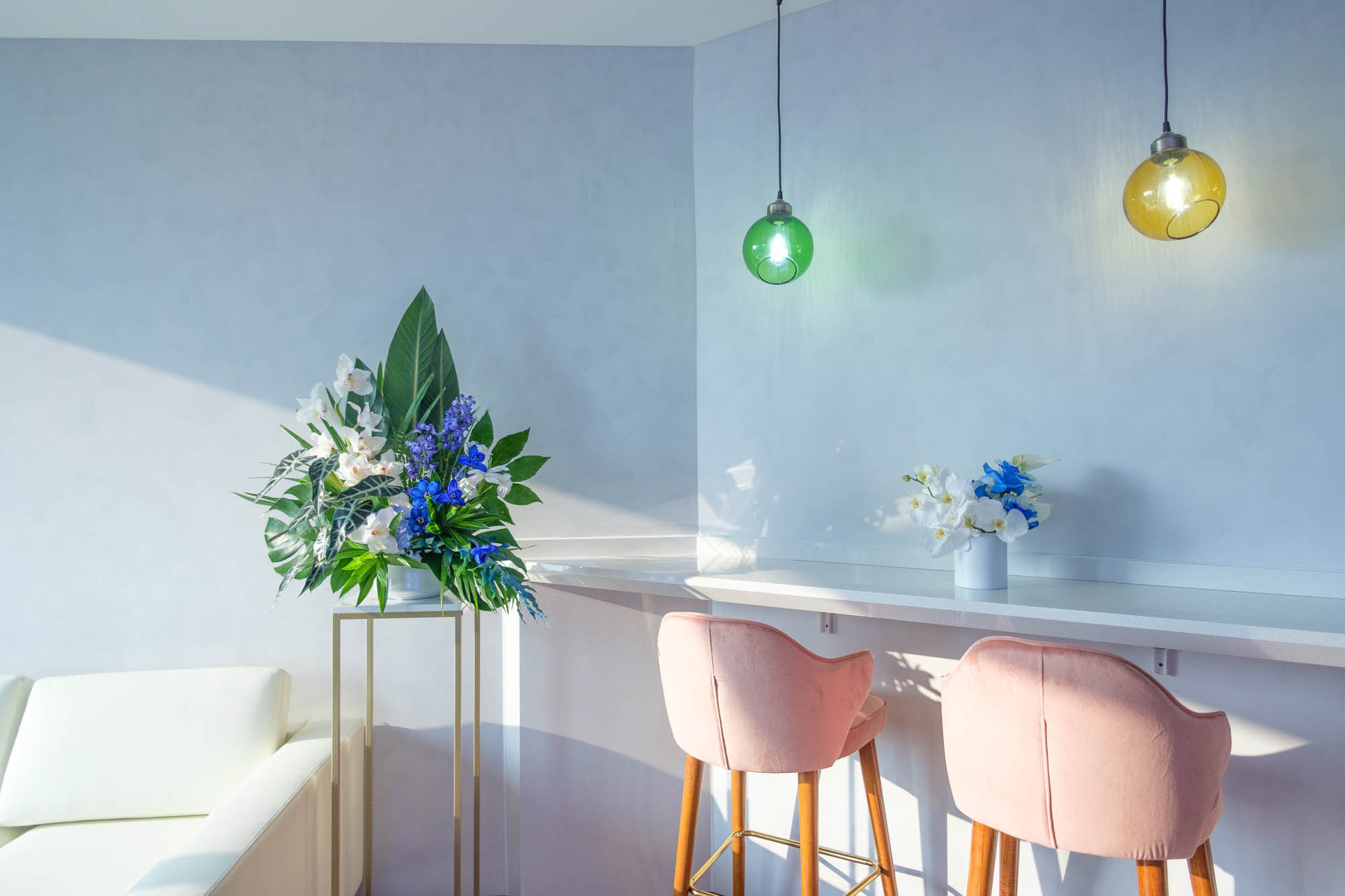 Green blue and white tropical flower arrangement, cymbidium orchid, blue delphinium, blue tulips, blue roses, white orchids and tropical leaves, flowers for office reception of Galliard Homes Shanghai Grand Opening | Daria Bokova Floral Designer in Shanghai art.dariabokova.com